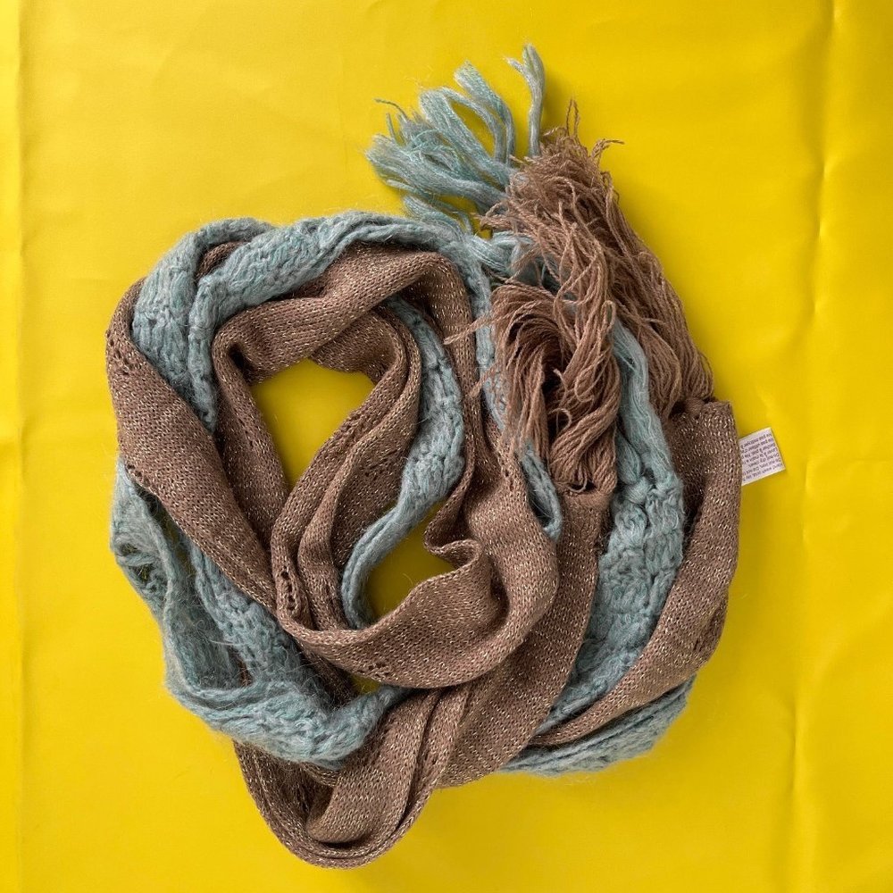 Scarf Set, Bird Egg Blue, Light Brown with Gold Metallic thread, OS